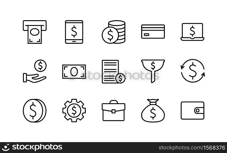 Money vector white background line icons. Collection of money for web design cash bank finance and payment interface business analysis contact social network.Vector symbol set illustration.. Money vector white background line icons collection money web design cash bank finance payment interface business analysis contact social network vector symbol set