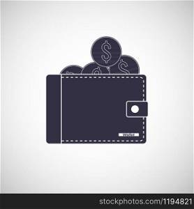 Money wallet with dollar coins or cash icon. Black flat purse pay sign. Finance payment symbol vector graphic illustration for web app. Cashback reward