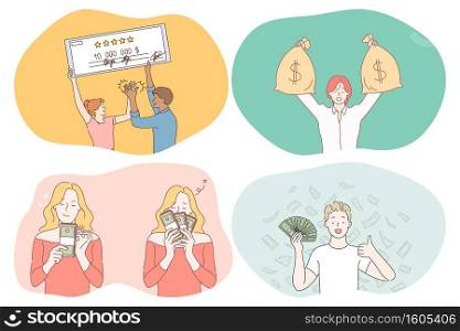 Money, wealth, jackpot concept. Young happy people cartoon characters holding check for big amount of money, sacks with cash, heaps ob banknotes and earning good salary. Cash finance savings . Money, wealth, jackpot concept
