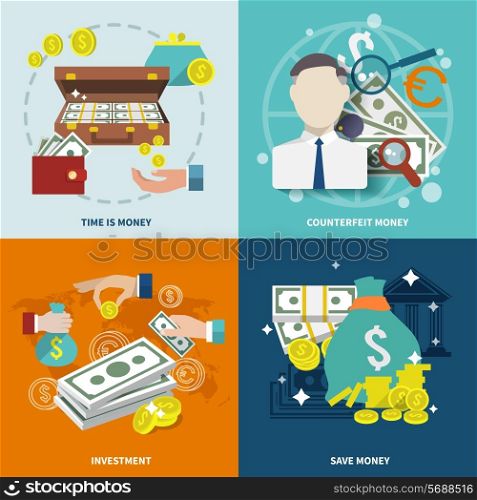 Money wealth market exchange flat icons set with counterfeit investment isolated vector illustration