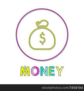 Money web linear icon template with sack of coins. E-commerce round button outline for online shop app isolated cartoon flat vector illustration.. Money Web Linear Icon Template with Sack of Coins