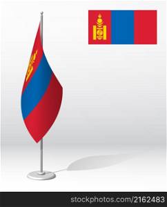 MONGOLIA flag on flagpole for registration of solemn event, meeting foreign guests. National independence day of MONGOLIA. Realistic 3D vector on white
