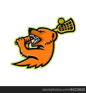 Mongoose Lacrosse Mascot. Mascot icon illustration of a mongoose with lacrosse stick and ball viewed from side on isolated background in retro style.. Mongoose Lacrosse Mascot
