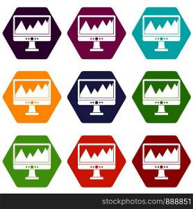 Monitor and a chart icon set many color hexahedron isolated on white vector illustration. Monitor and a chart icon set color hexahedron