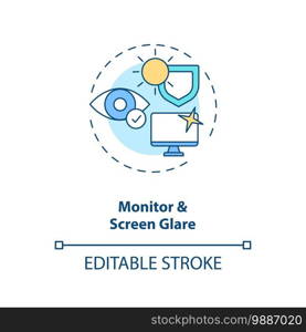 Monitor and screen glare concept icon. Office ergonomics tip idea thin line illustration. Adjusting monitor brightness. Viewing distance. Vector isolated outline RGB color drawing. Editable stroke. Monitor and screen glare concept icon