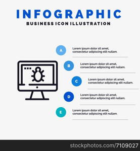 Monitor, Bug, Screen, Security Line icon with 5 steps presentation infographics Background
