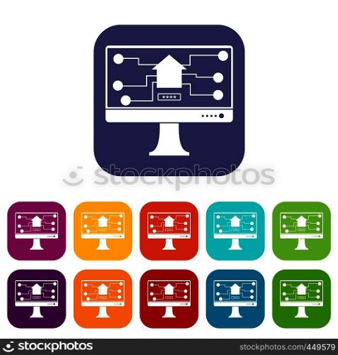 Monitor chip icons set vector illustration in flat style In colors red, blue, green and other. Monitor chip icons set flat