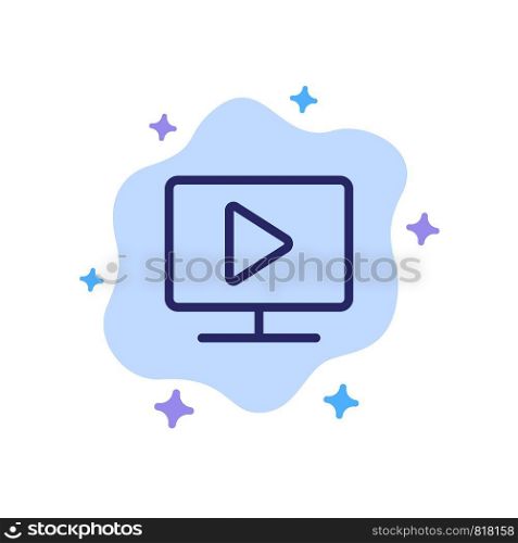 Monitor, Computer, Video, Play Blue Icon on Abstract Cloud Background