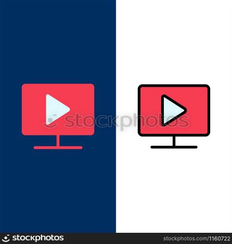Monitor, Computer, Video, Play Icons. Flat and Line Filled Icon Set Vector Blue Background