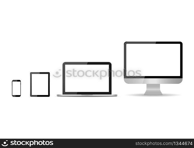 Monitor, laptop, tablet, smartphone isolated on white background. Set of mockup devices with white screen. Modern electronic gadgets. PC desktop, notebook, mobile, tablet for web communication. Vector. Monitor, laptop, tablet, smartphone isolated on white background. Set of mockup devices with white screen. Modern electronic gadgets. PC desktop, notebook, mobile, tablet for communication. Vector.