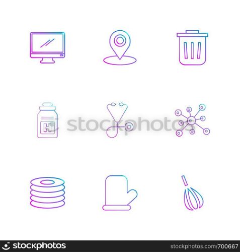 monitor , navigation , dust bin , medical , chemical bonding , cd , gloves , beater , icon, vector, design, flat, collection, style, creative, icons