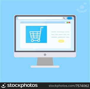 Monitor of computer, opened homepage of shopping website. Web page with empty buttons and truck icon. Electronic gadget and purchase online vector. Monitor of Computer, Purchase on Website Vector