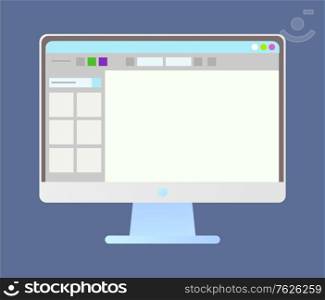 Monitor of computer with opening app, empty icons, PC device, screen of gadget in flat design style, wireless and electronic equipment, online vector. Flat cartoon. Screen of PC with Opening App, Monitor Vector