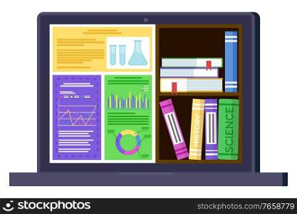 Monitor of laptop with science graph report and ebook symbols. Wireless device with information for online learning. Communication with computer for education and presentation technology vector. Computer with Science Report and Ebook Vector