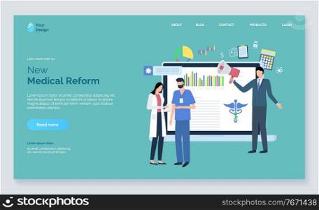 Monitor of laptop with webpage, new medical report, man and woman doctors, person with speaker, rights or bill in medicine, screen of clinic stats vector. Website template, landing page flat style. Clinic Rights, New Bill in Medicine, Health Vector