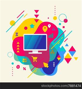 Monitor screen on abstract colorful spotted background with different elements. Flat design.