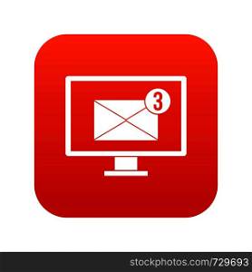 Monitor screen with email sign icon digital red for any design isolated on white vector illustration. Monitor screen with email sign icon digital red