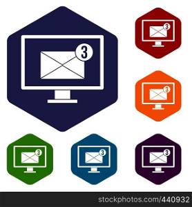 Monitor screen with email sign icons set hexagon isolated vector illustration. Monitor screen with email sign icons set hexagon