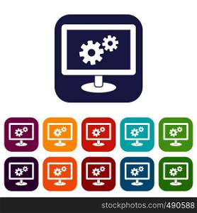 Monitor settings icons set vector illustration in flat style in colors red, blue, green, and other. Monitor settings icons set