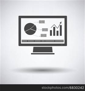 Monitor with analytics diagram icon on gray background, round shadow. Vector illustration.