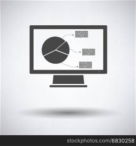 Monitor with analytics diagram icon on gray background, round shadow. Vector illustration.