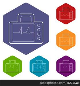 Monitor with cardiogram icons vector colorful hexahedron set collection isolated on white. Monitor with cardiogram icons vector hexahedron