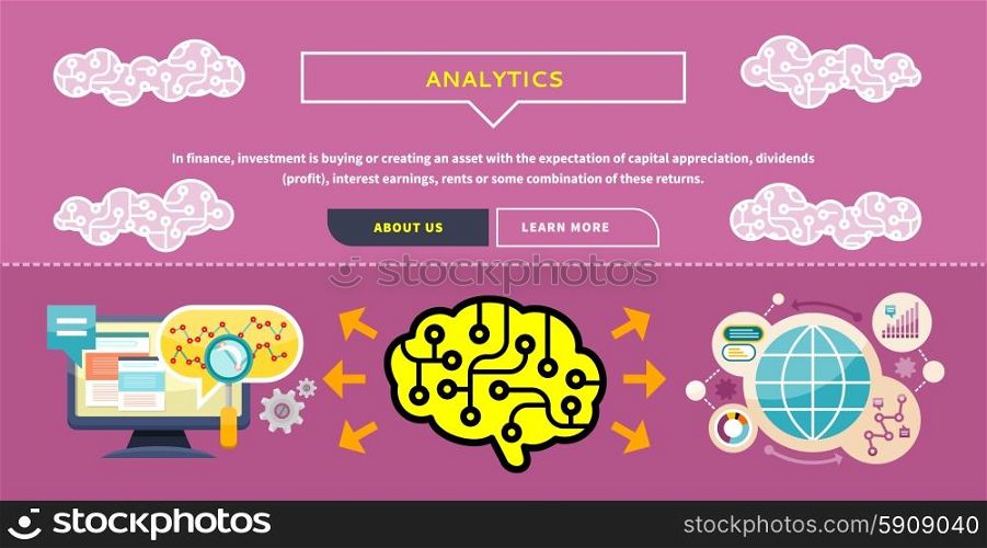 Monitor with charts and parameters. Business concept of analytics. Brain analyzes the incoming information. Can be used for web banners, marketing and promotional materials, presentation templates