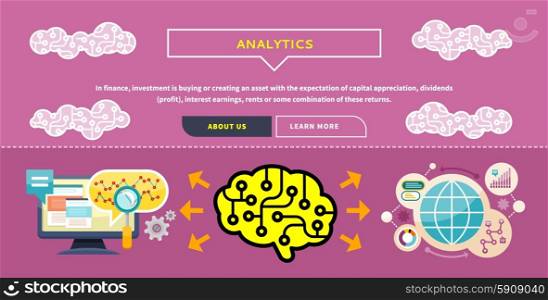 Monitor with charts and parameters. Business concept of analytics. Brain analyzes the incoming information. Can be used for web banners, marketing and promotional materials, presentation templates