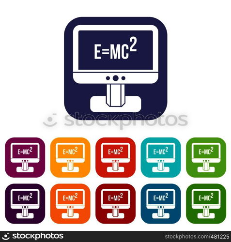Monitor with Einstein formula icons set vector illustration in flat style in colors red, blue, green, and other. Monitor with Einstein formula icons set