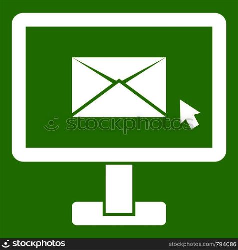 Monitor with email sign icon white isolated on green background. Vector illustration. Monitor with email sign icon green