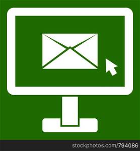 Monitor with email sign icon white isolated on green background. Vector illustration. Monitor with email sign icon green