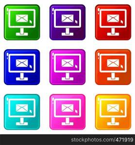 Monitor with email sign icons of 9 color set isolated vector illustration. Monitor with email sign icons 9 set