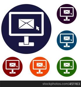 Monitor with email sign icons set in flat circle reb, blue and green color for web. Monitor with email sign icons set