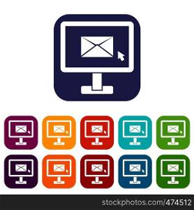 Monitor with email sign icons set vector illustration in flat style In colors red, blue, green and other. Monitor with email sign icons set