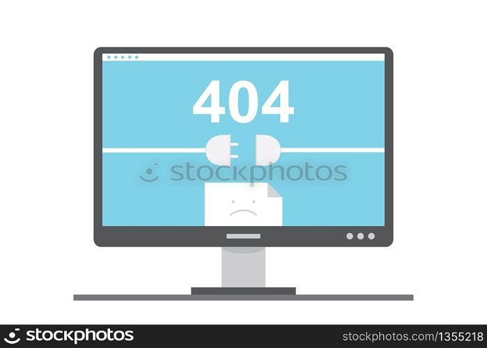 Monitor with error page,no contact and 404 error,isolated on white background,flat vector illustration