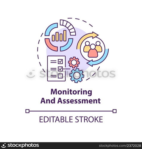 Monitoring and assessment concept icon. Evaluate progress. Social planning stage abstract idea thin line illustration. Isolated outline drawing. Editable stroke. Arial, Myriad Pro-Bold fonts used. Monitoring and assessment concept icon