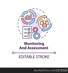 Monitoring and assessment concept icon. Evaluate progress. Social planning stage abstract idea thin line illustration. Isolated outline drawing. Editable stroke. Arial, Myriad Pro-Bold fonts used. Monitoring and assessment concept icon