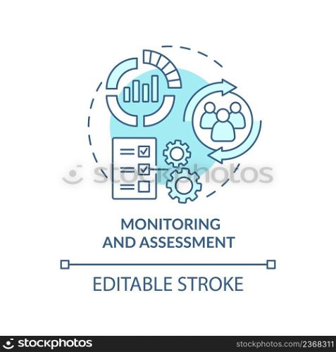 Monitoring and assessment turquoise concept icon. Evaluate progress. Social planning abstract idea thin line illustration. Isolated outline drawing. Editable stroke. Arial, Myriad Pro-Bold fonts used. Monitoring and assessment turquoise concept icon