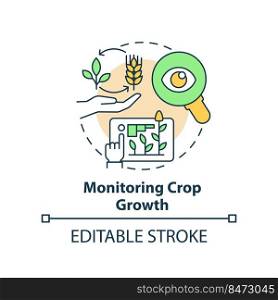 Monitoring crop growth concept icon. Observe progress. Increased crop yield abstract idea thin line illustration. Isolated outline drawing. Editable stroke. Arial, Myriad Pro-Bold fonts used . Monitoring crop growth concept icon
