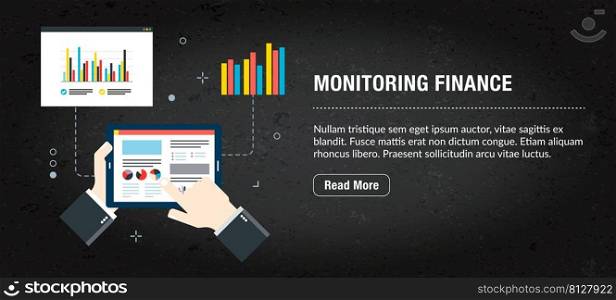 Monitoring finance, banner internet with icons in vector. Web banner template for website, banner internet for mobile design and social media app.Business and communication layout with icons.