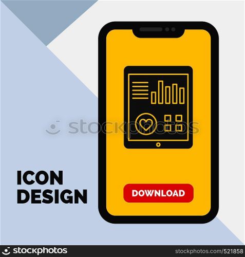 monitoring, health, heart, pulse, Patient Report Glyph Icon in Mobile for Download Page. Yellow Background. Vector EPS10 Abstract Template background