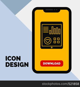 monitoring, health, heart, pulse, Patient Report Glyph Icon in Mobile for Download Page. Yellow Background. Vector EPS10 Abstract Template background