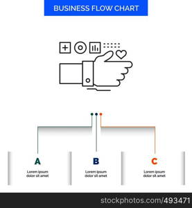 Monitoring, Technology, Fitness, Heart, Pulse Business Flow Chart Design with 3 Steps. Line Icon For Presentation Background Template Place for text. Vector EPS10 Abstract Template background