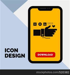 Monitoring, Technology, Fitness, Heart, Pulse Glyph Icon in Mobile for Download Page. Yellow Background. Vector EPS10 Abstract Template background