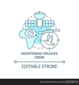 Monitoring wildlife crime turquoise concept icon. Space technology and climate change abstract idea thin line illustration. Isolated outline drawing. Editable stroke. Arial, Myriad Pro-Bold fonts used. Monitoring wildlife crime turquoise concept icon