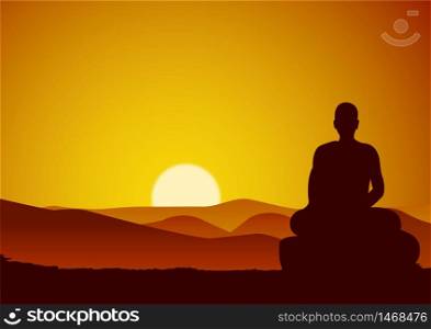 monk meditation sit on mountain face to mountain while sun at horizontal line and valley,vector illustration