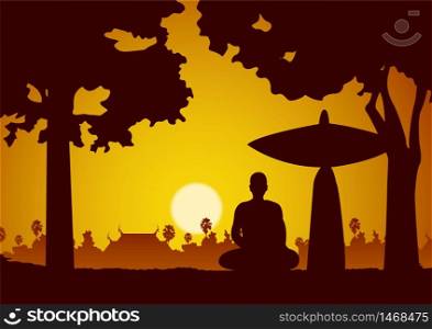 monk meditation sit on pilgrimage or travel or wayfaring face to sunset to find peace and happiness,vector illustration