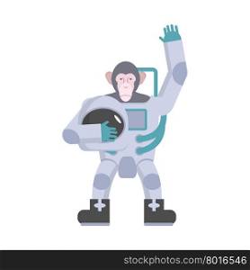 Monkey astronaut waving hand. Animal suit keeps helmet. Vector illustration&#xA;