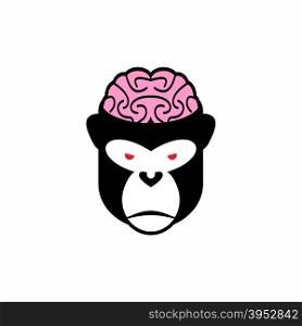 Monkey brains. Vector illustration logo head animal. Pink brain and black monkey. Open cranial box.&#xA;
