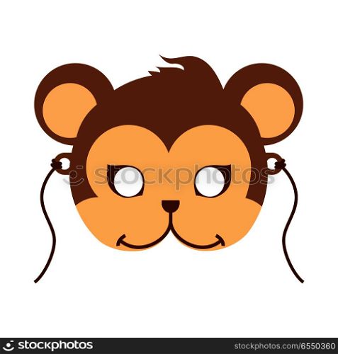 Monkey Carnival Mask. Brown Primate Ape Babbon. Monkey animal carnival mask vector illustration in flat style. Brown primate ape babbon. Funny childish masquerade mask isolated on white. New Year masque for festivals, holiday dress code for kids